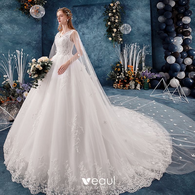 Charming Ivory Wedding Dresses 2019 A-Line / Princess V-Neck Beading ...