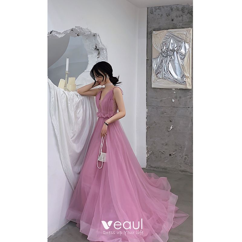 Charming Candy Pink Evening Dresses 2019 A-Line / Princess Deep V
