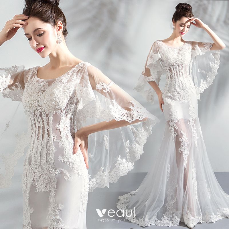 Chic Beautiful White Beach Wedding Dresses 2018 Trumpet Mermaid Scoop Neck See Through Long Sleeve Backless Appliques Lace Sweep Train