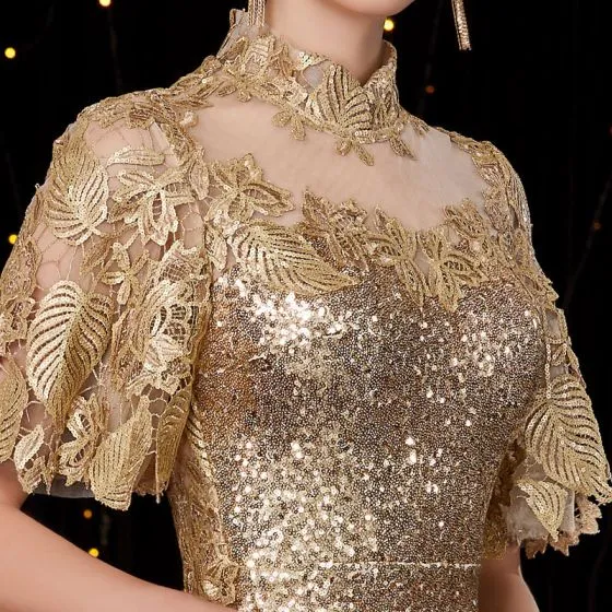 Sparkly Gold Sequins Pierced Evening Dresses 2019 Trumpet / Mermaid ...