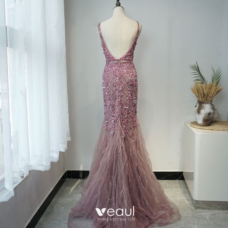 High-end Purple Evening Dresses 2020 Trumpet / Mermaid Deep V-Neck ...
