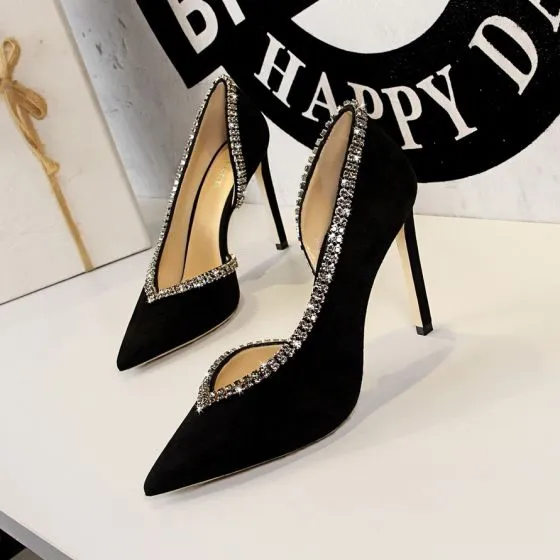 Sexy Black Evening Party Rhinestone Suede Womens Shoes 2021 10 Cm Stiletto Heels Pointed Toe