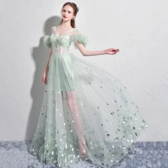 Amazing / Unique Sage Green Evening Dresses 2017 A-Line / Princess V ...