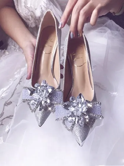 Sparkly Silver Glitter Wedding Shoes 2020 Leather Rhinestone Sequins Bow 8 Cm Stiletto Heels