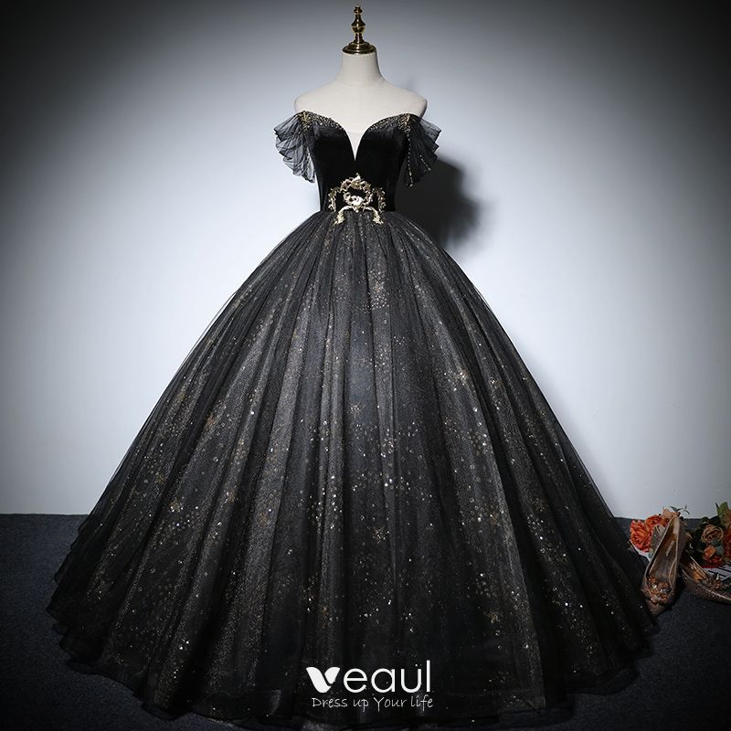 Elegant Black Prom Dresses 2022 Ball Gown Off-The-Shoulder Short Sleeve ...