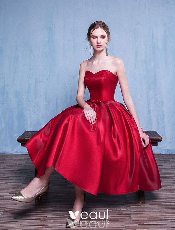 red satin tea length dress