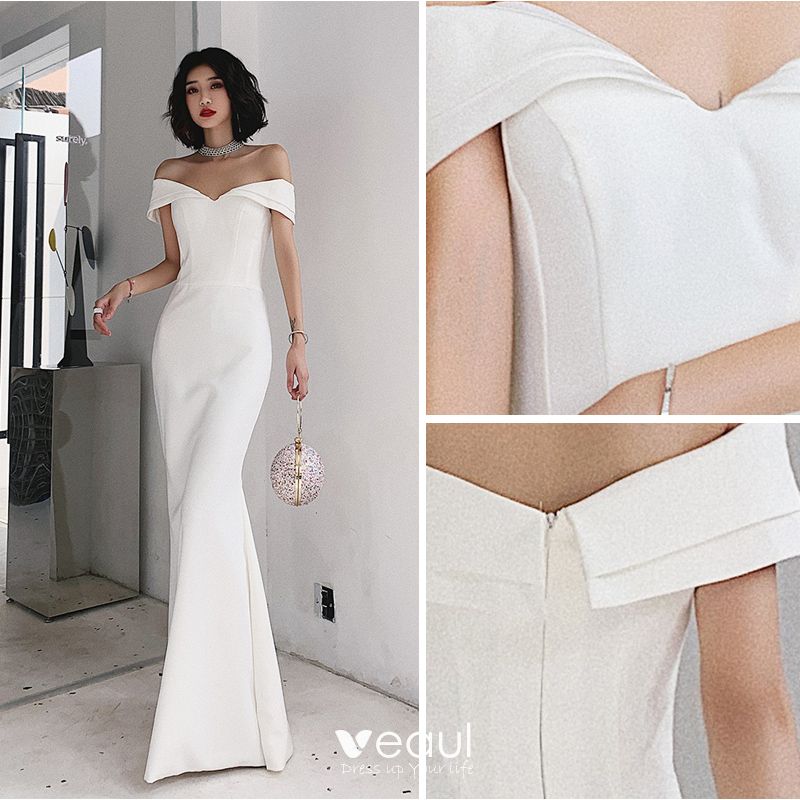 Sexy Ivory Evening Dresses 2022 Trumpet / Mermaid Off-The-Shoulder Short  Sleeve Backless Floor-Length / Long