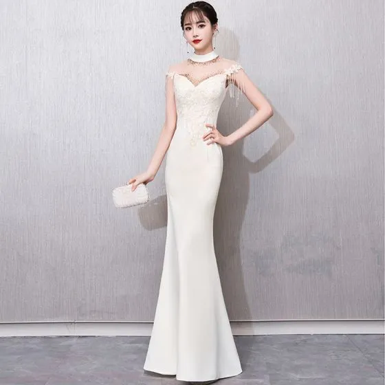 Chinese style Champagne See-through Evening Dresses 2018 Trumpet ...
