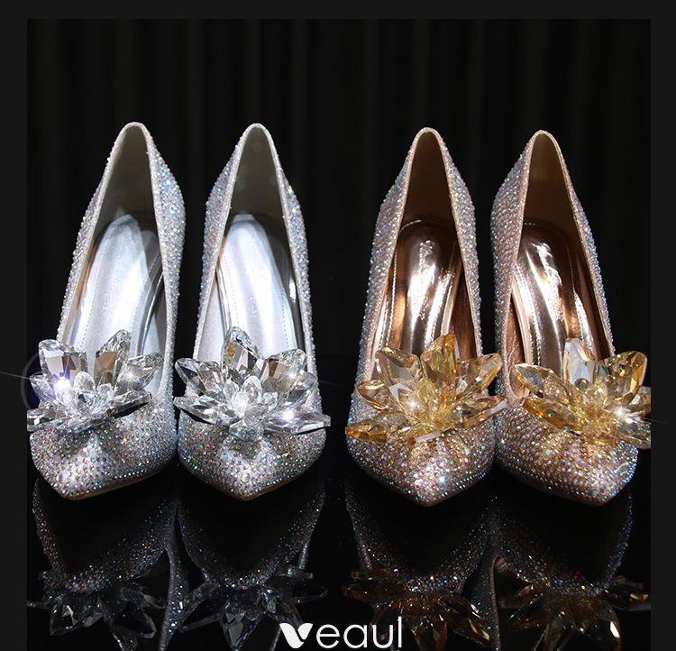 Cinderella Silver Crystal Wedding Shoes 2020 Leather Rhinestone 10 cm  Stiletto Heels Toe