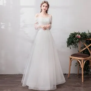 Classique l gant Blanche Robe De Soir e 2019 Princesse Dentelle Tulle V Cou Dos Nu Brod Plage glise Robe De Ceremonie