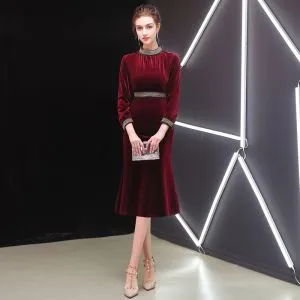 Elegant Burgundy Evening Dresses 2019 Scoop Neck Suede 3/4 Sleeve Tea-length Formal Dresses