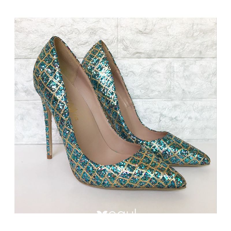 Sparkly Jade Green Evening Party Pumps 2019 Leather Sequins 12 cm ...