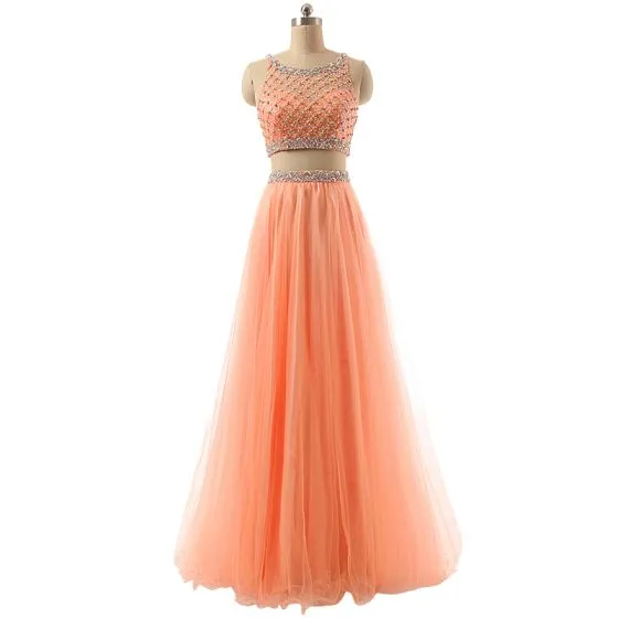 orange 2 piece prom dress