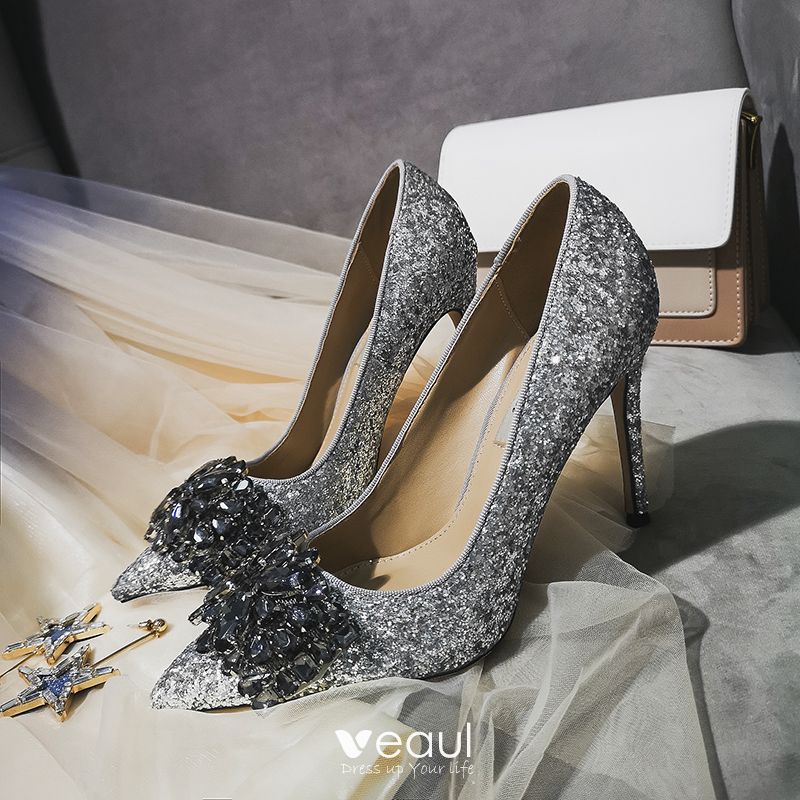 Charming Silver Evening Party Pumps 2019 Leather Crystal Sequins 10 cm ...