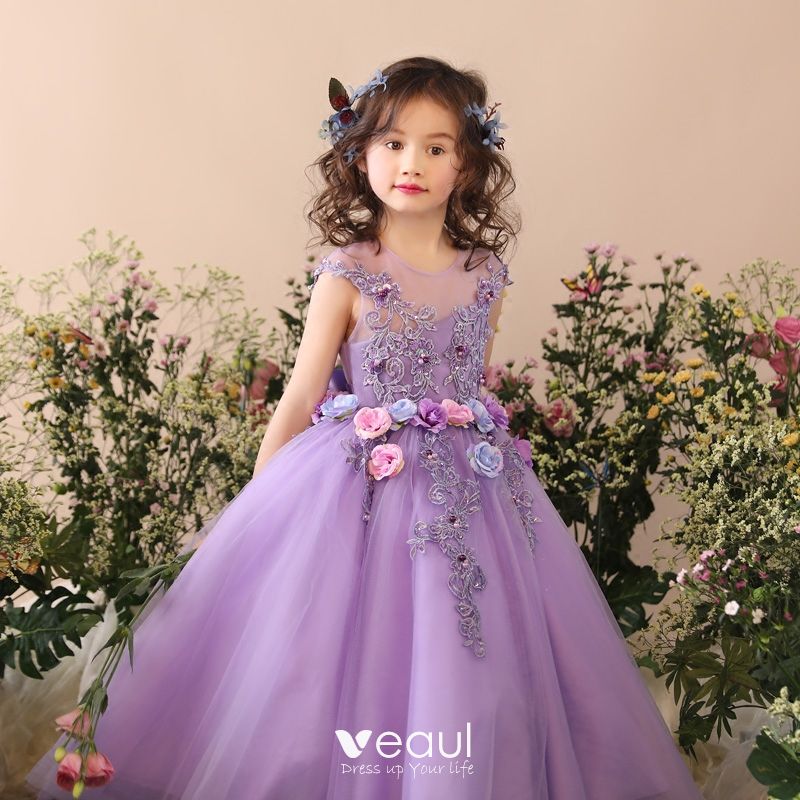 Chic / Beautiful Church Wedding Party Dresses 2017 Flower Girl Dresses Lilac  Ball Gown Tea-length Scoop