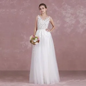 Chic / Beautiful Ivory Wedding Dresses 2017 A-Line / Princess Scoop Neck Sleeveless Pierced Lace Ruffle Tulle Sash Floor-Length / Long