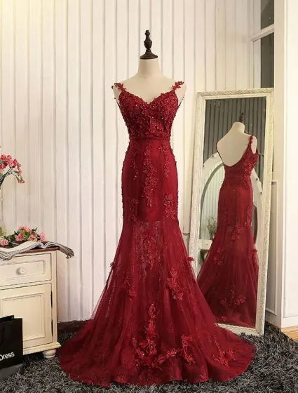 Sexy Mermaid Evening Dress 2017 Burgundy Lace Backless Formal Dress