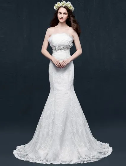 Mermaid Strapless Backless Beading Crystal Ruffles Lace Wedding Dress