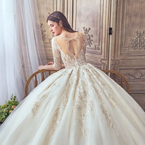 Fabulous Champagne See-through Wedding Dresses 2019 A-Line / Princess ...