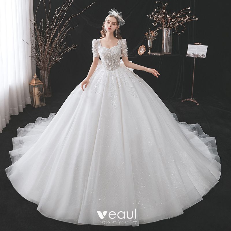 Classy White Wedding Dresses 2021 Ball Gown Square Neckline Beading ...