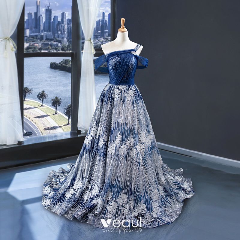 High-end Royal Blue Silver Evening Dresses 2023 A-Line Princess  One-Shoulder Short