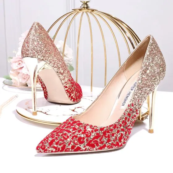 Sparkly Charming Gold Red Gradient-Color Wedding Shoes 2020 Glitter ...
