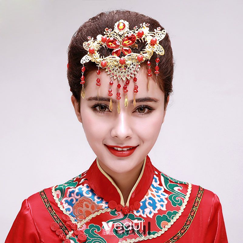 Accessoires Haaraccessoires Haarspelden Chinese National Style Bride's Tiara Headdress Flannel Tassel Red Hair Ornament Classical Wedding Hair Accessories 