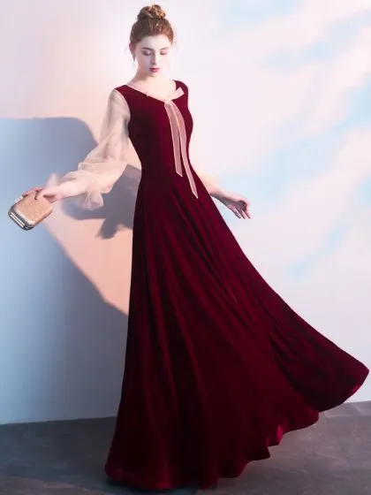 Chic / Beautiful Burgundy Evening Dresses 2019 A-Line / Princess V-Neck ...
