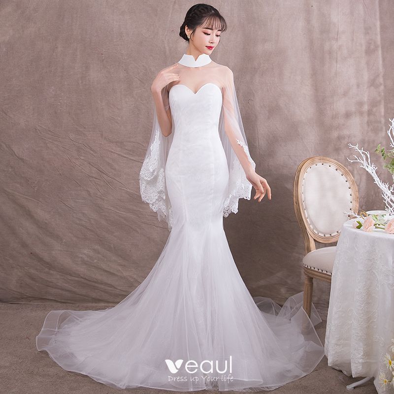 Elegant Ivory See Through Evening Dresses With Shawl 2018 Trumpet Mermaid High Neck Sleeveless Appliques Lace Chapel Train Formal Dresses