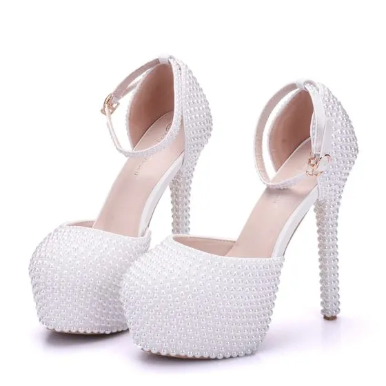 Modern / Fashion White Wedding Shoes 2018 Ankle Strap Pearl 14 cm ...