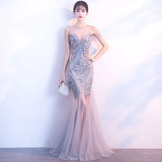 sexy silver sleeveless sequins fishtail evening dress