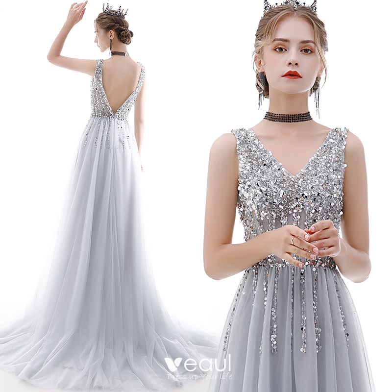 v neck silver dress