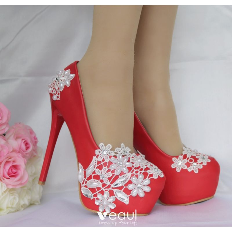 Sexy White Pearl Rhinestone Lace Flower Wedding Shoes 2023 14 Cm Stiletto Heels Round Toe 4584