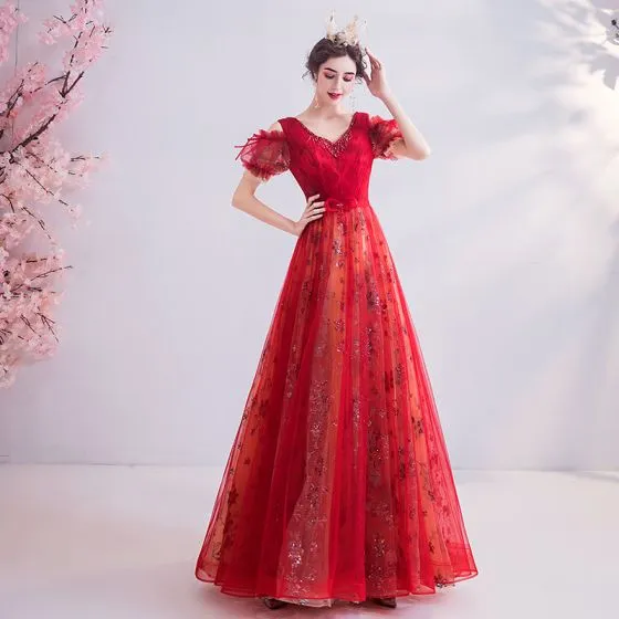 Fairytale Red Prom Dresses 2020 A-Line / Princess V-Neck Beading ...