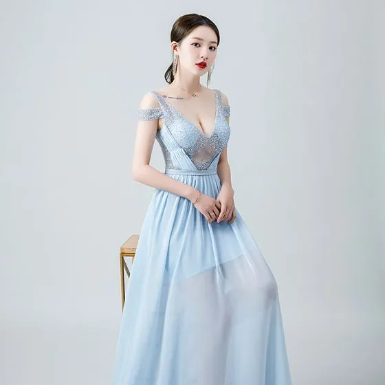 Sexy Sky Blue Chiffon See-through Evening Dresses 2020 A-Line ...