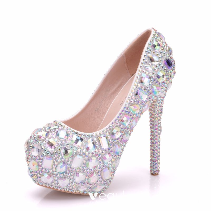 Sparkly Silver Wedding Shoes 2018 Crystal Rhinestone 14 Silver Round Toe Rhinestone Stiletto High Heeled Shoes