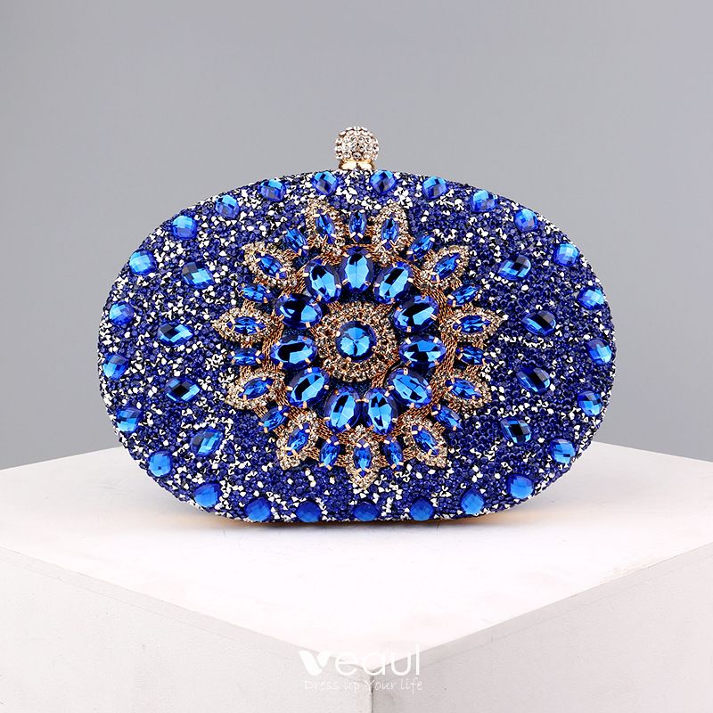 Royal Blue Rhinestone Beaded Evening Clutch Purse