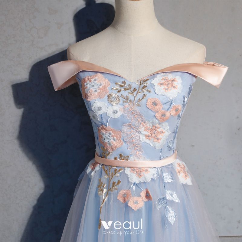 Chic / Beautiful Sky Blue Prom Dresses 2019 A-Line / Princess Appliques ...