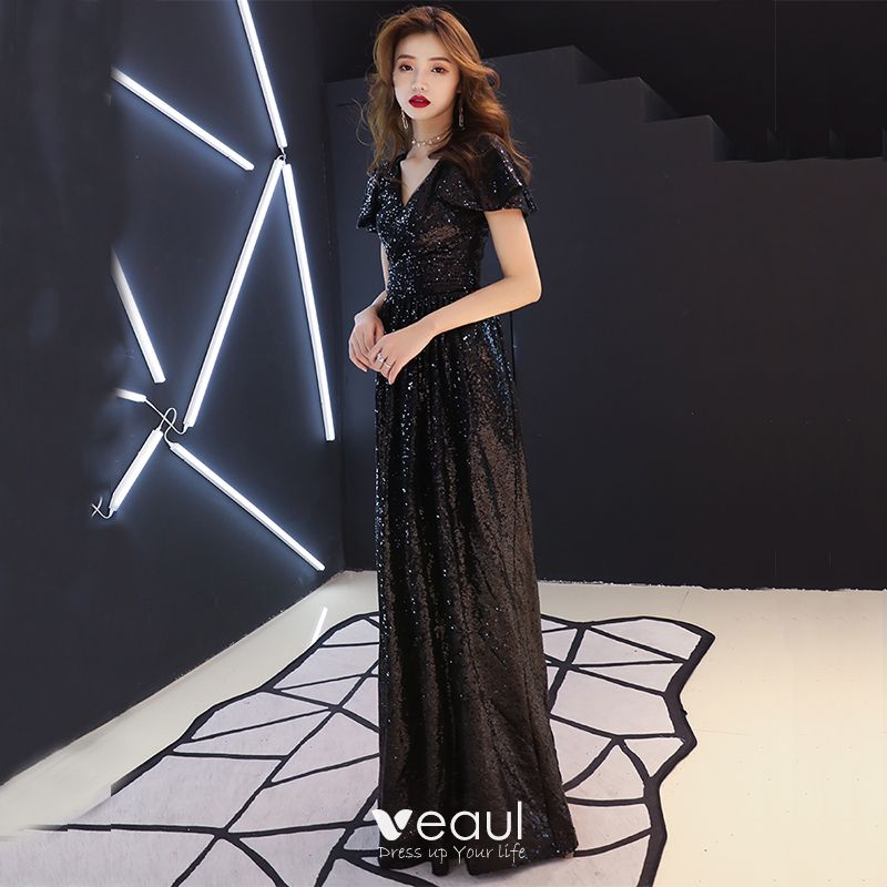 Affordable Black Sequins Evening Dresses 2019 A-Line / Princess V-Neck ...
