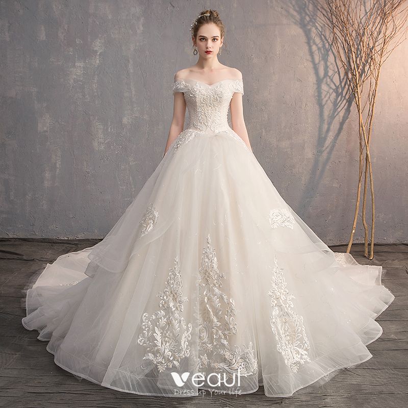 Elegant Champagne Wedding Dresses 2019 A-Line / Princess Off-The ...