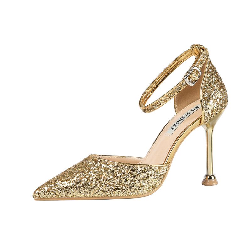 Charming Rose Gold Evening Party Womens Shoes 2020 Ankle Strap Sequins ...