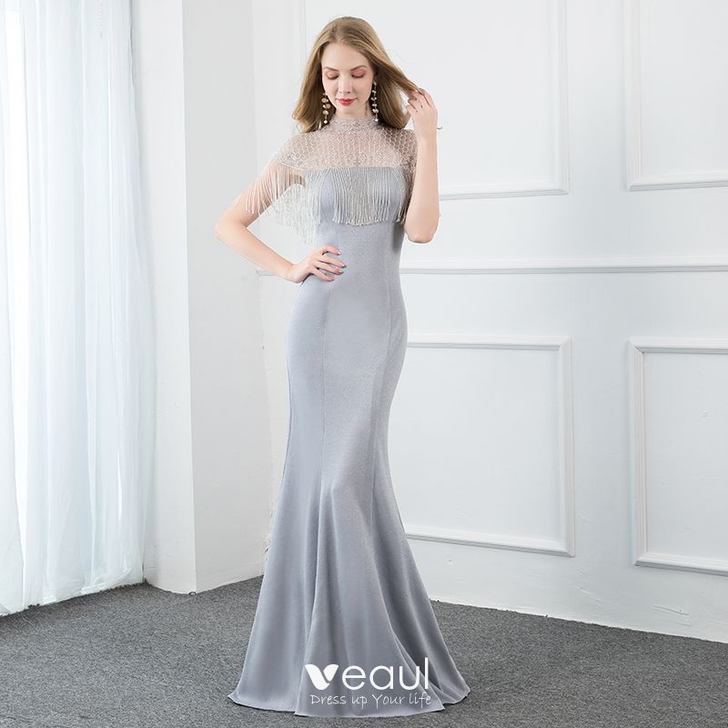 silver grey long evening dress