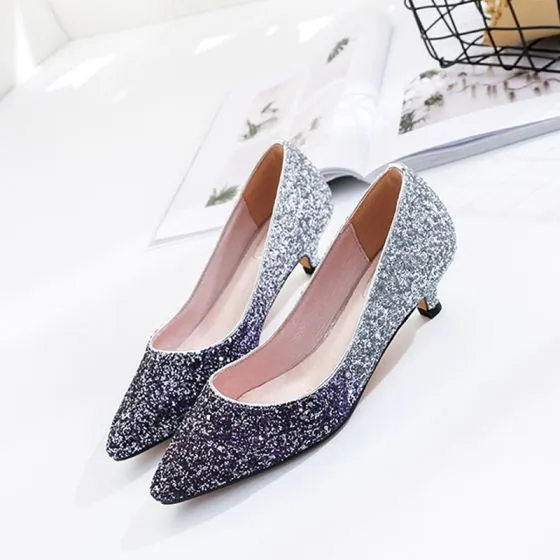 Charming Navy Blue Glitter Wedding Shoes 2020 Leather Sequins 3 cm ...