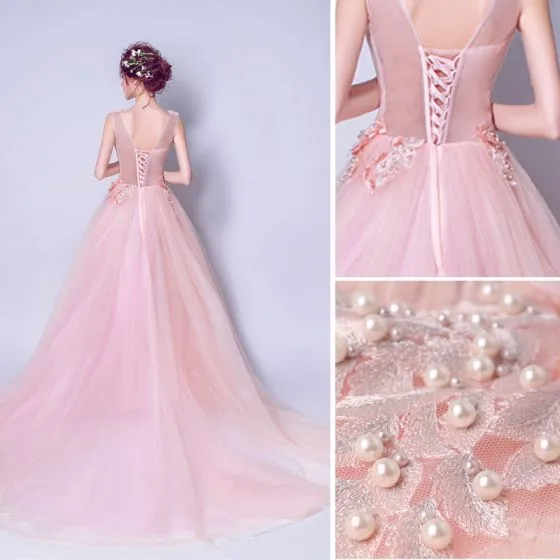 Elegant Pearl Pink Evening Dresses 2019 A-Line / Princess V-Neck Pearl ...