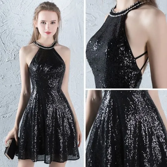 Sparkly Glitter Party Dresses 2017 Black Sequins Short A-Line ...
