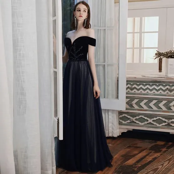 Modest / Simple Black Suede Prom Dresses 2021 A-Line / Princess Ball ...