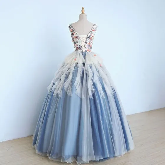 Chic / Beautiful Sky Blue Prom Dresses 2017 Ball Gown Embroidered ...