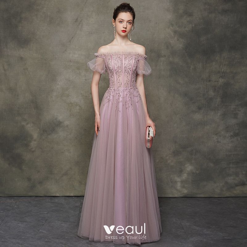 High-end Blushing Pink Evening Dresses 2020 A-Line / Princess Off-The ...