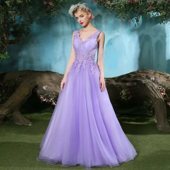 Chic / Beautiful Lilac Prom Dresses 2019 A-Line / Princess V-Neck ...