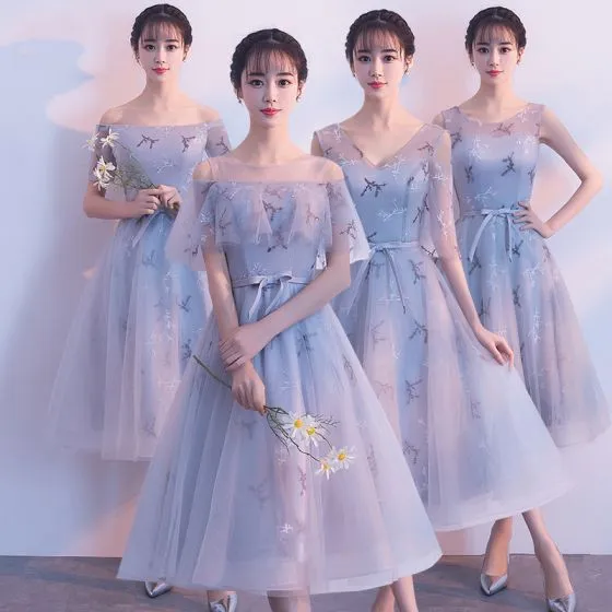 tea length grey bridesmaid dresses